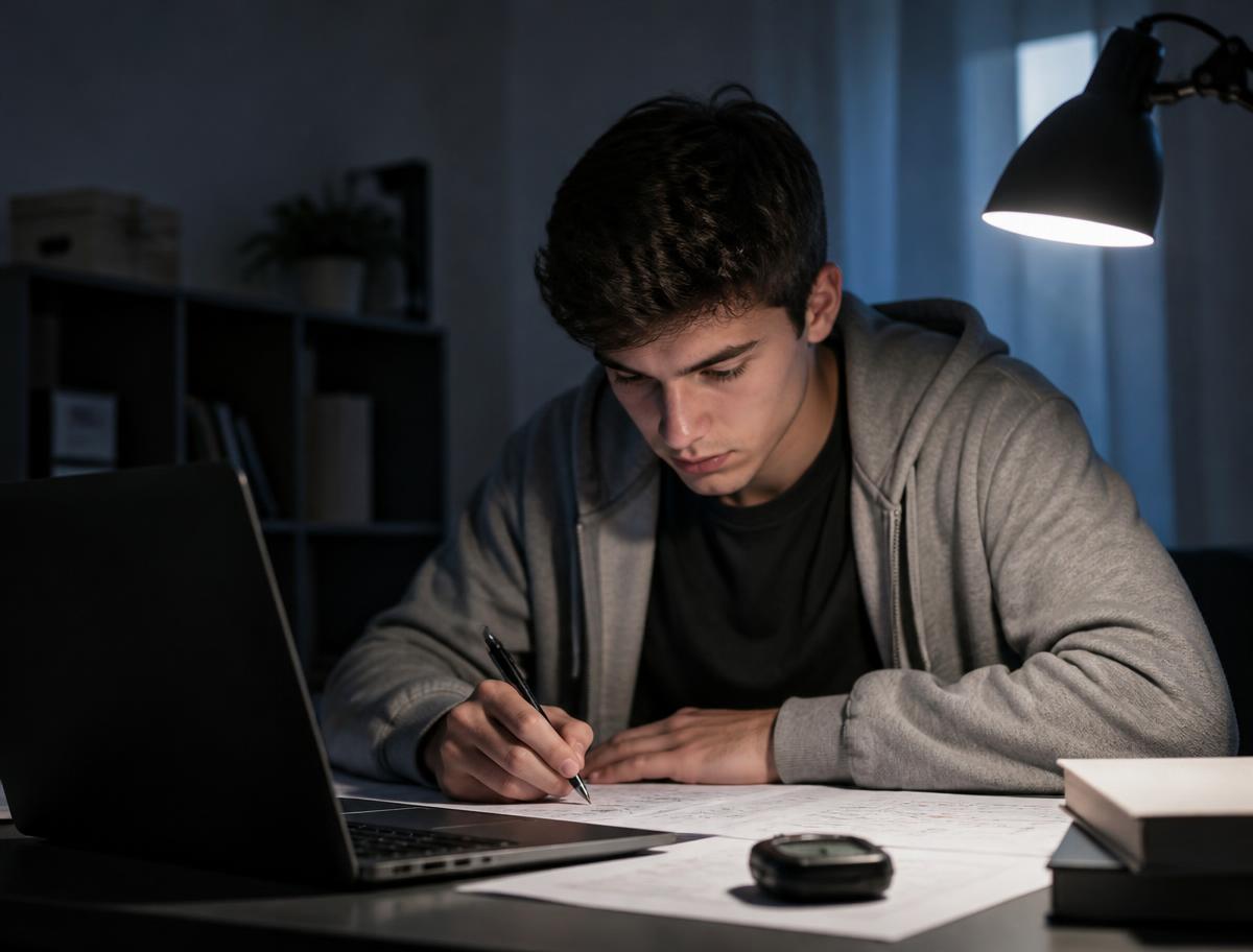 Bewerber übt am Schreibtisch mit Testbögen und Stoppuhr für den Einstellungstest